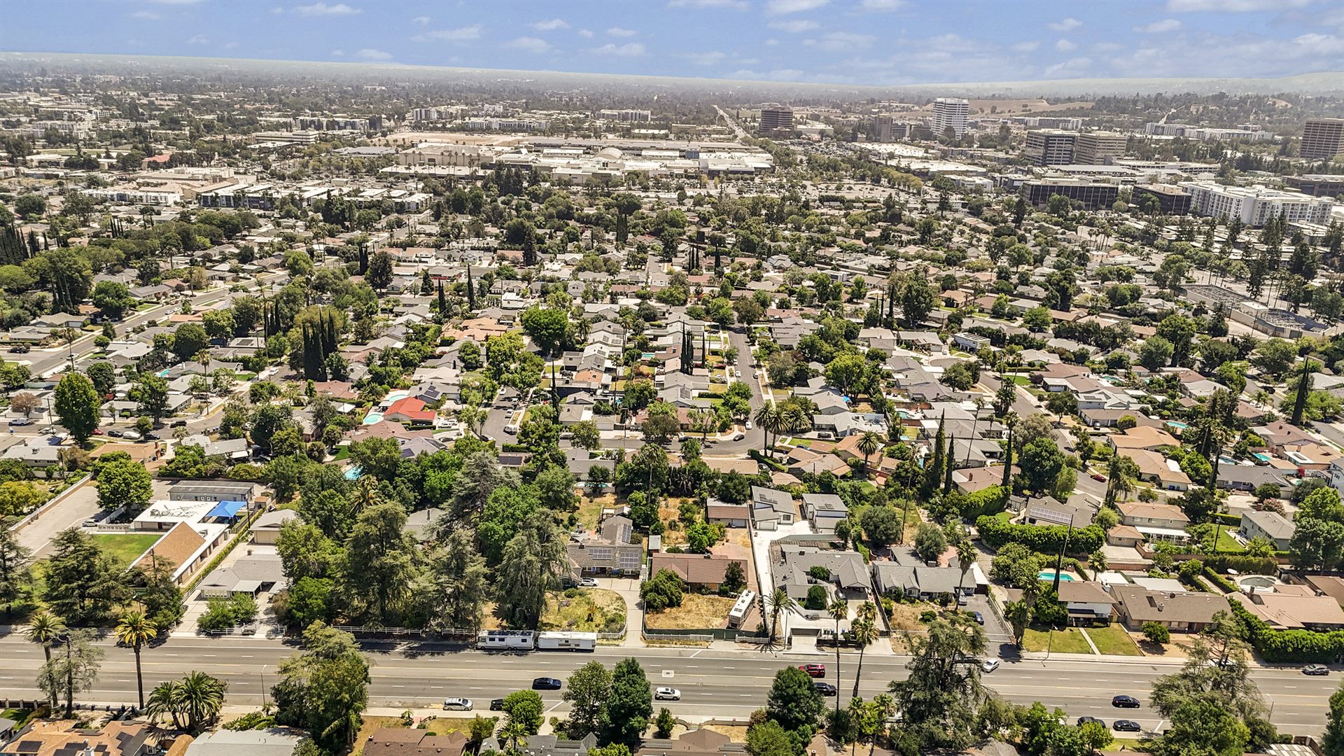 Aerial showing 6540 N Shoup Avenue's proximity to The Village at Westfield Topanga and Westfield Topanga Mall